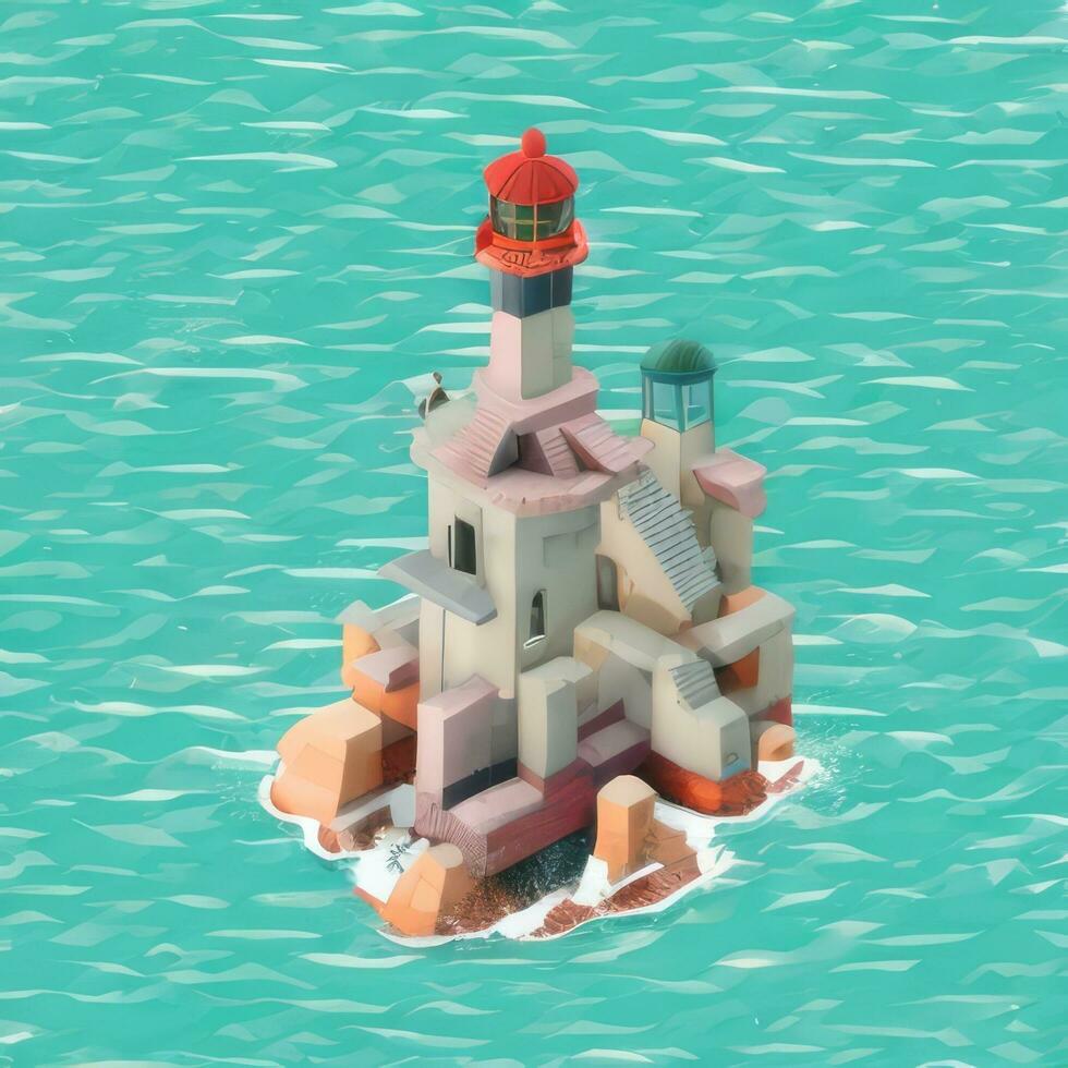 AI generated Isometric 3D Lighthouse Building in the Middle of Ocean Icon Clip Art Sticker Decoration Simple Background photo