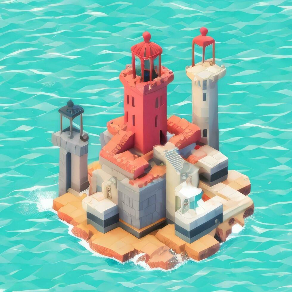 AI generated Isometric 3D Lighthouse Building in the Middle of Ocean Icon Clip Art Sticker Decoration Simple Background photo