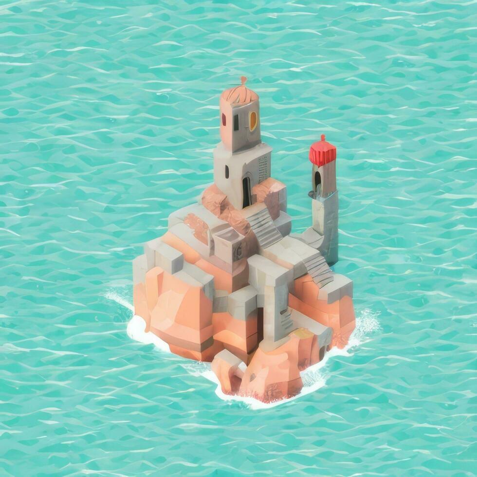 AI generated Isometric 3D Lighthouse Building in the Middle of Ocean Icon Clip Art Sticker Decoration Simple Background photo