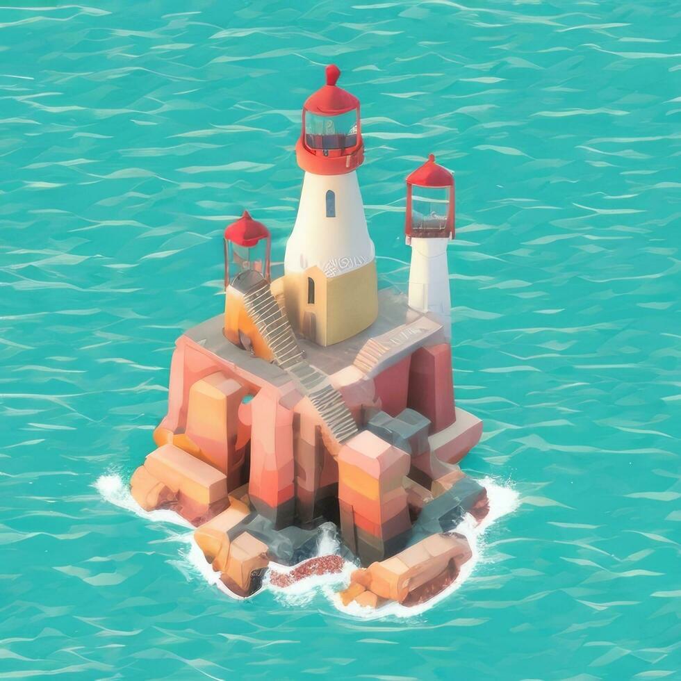 AI generated Isometric 3D Lighthouse Building in the Middle of Ocean Icon Clip Art Sticker Decoration Simple Background photo