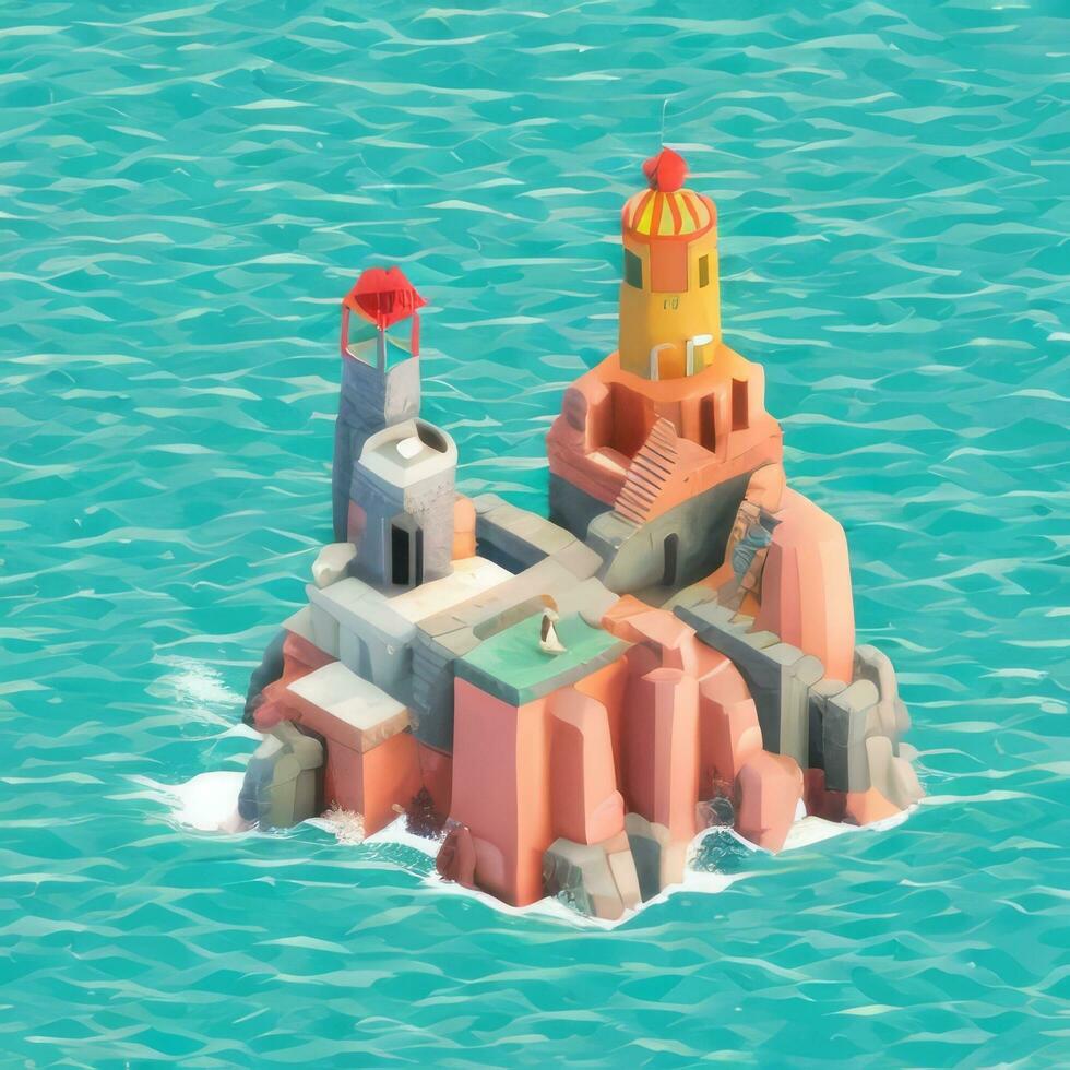 AI generated Isometric 3D Lighthouse Building in the Middle of Ocean Icon Clip Art Sticker Decoration Simple Background photo