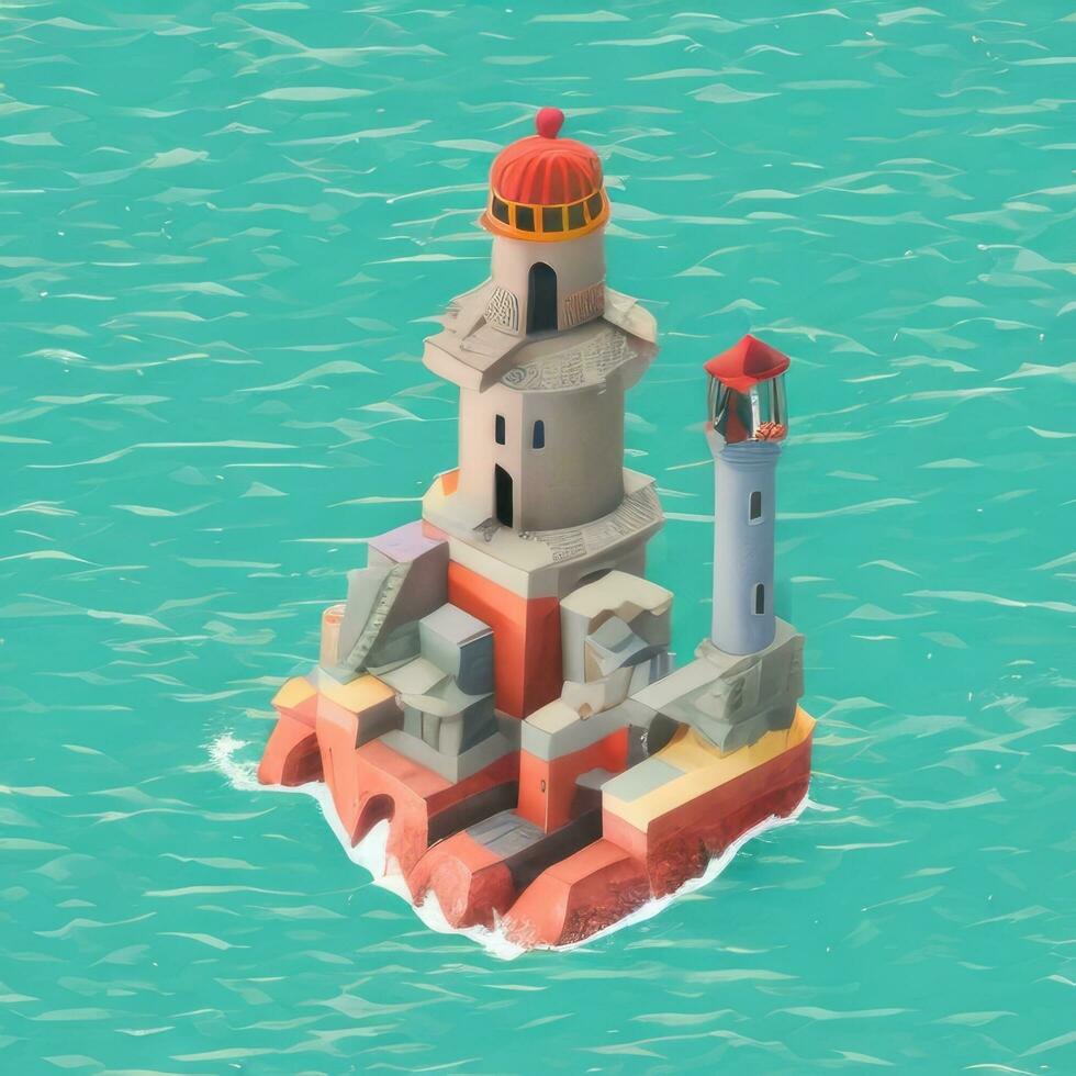 AI generated Isometric 3D Lighthouse Building in the Middle of Ocean Icon Clip Art Sticker Decoration Simple Background photo