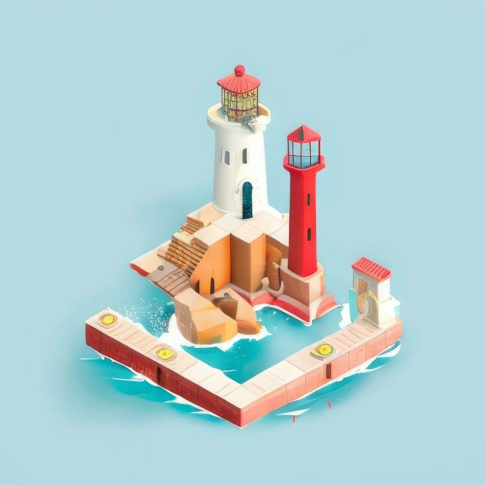 AI generated Isometric 3D Lighthouse Building in the Middle of Ocean Icon Clip Art Sticker Decoration Simple Background photo