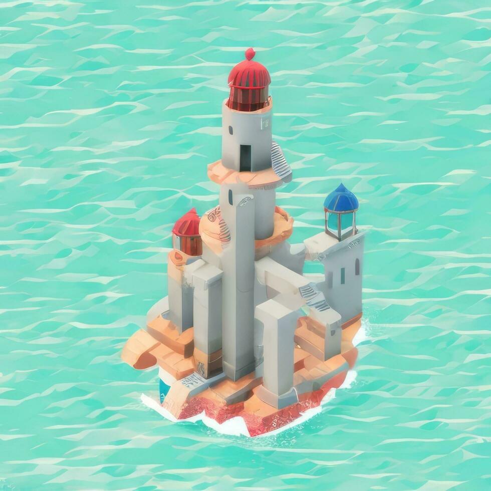 AI generated Isometric 3D Lighthouse Building in the Middle of Ocean Icon Clip Art Sticker Decoration Simple Background photo