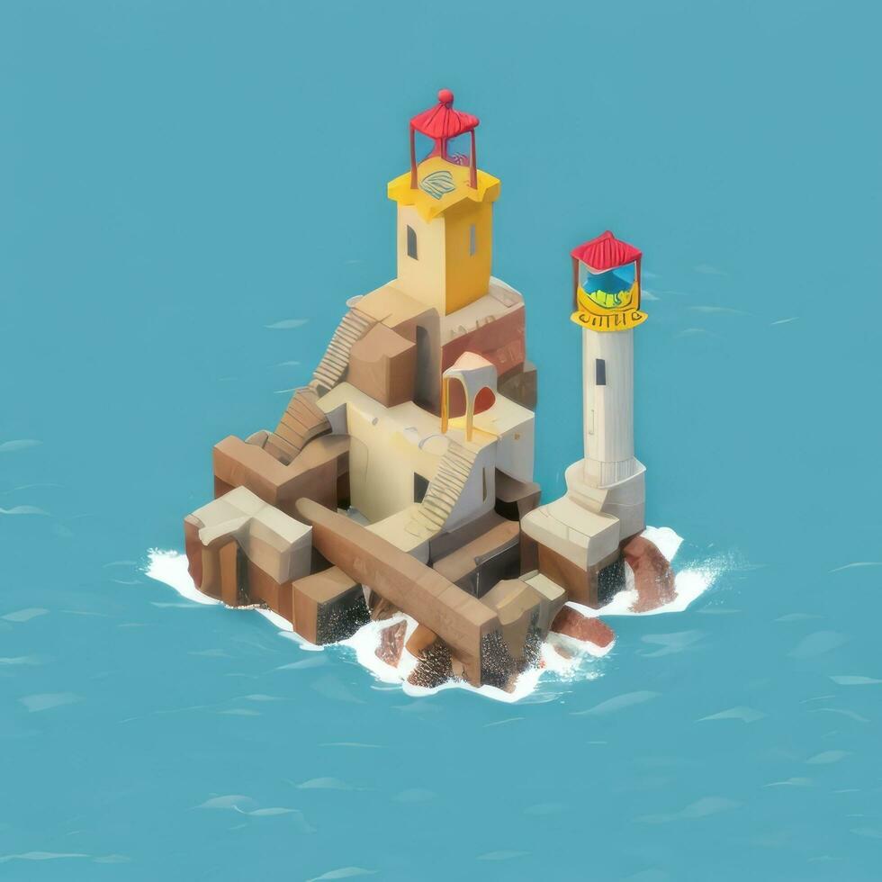 AI generated Isometric 3D Lighthouse Building in the Middle of Ocean Icon Clip Art Sticker Decoration Simple Background photo