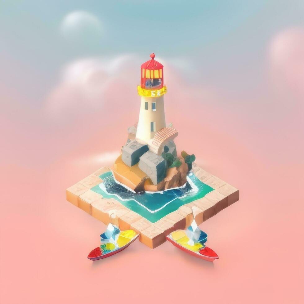 AI generated Isometric 3D Lighthouse Building in the Middle of Ocean Icon Clip Art Sticker Decoration Simple Background photo