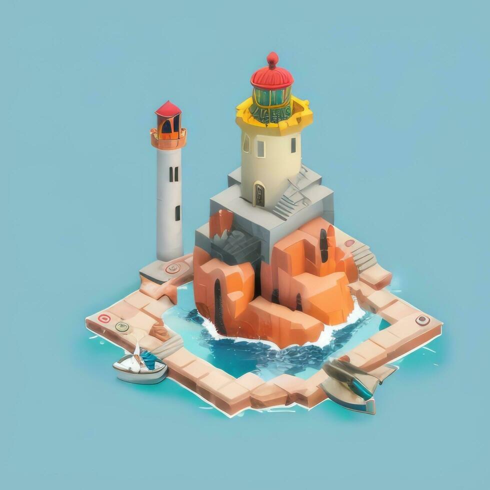 AI generated Isometric 3D Lighthouse Building in the Middle of Ocean Icon Clip Art Sticker Decoration Simple Background photo