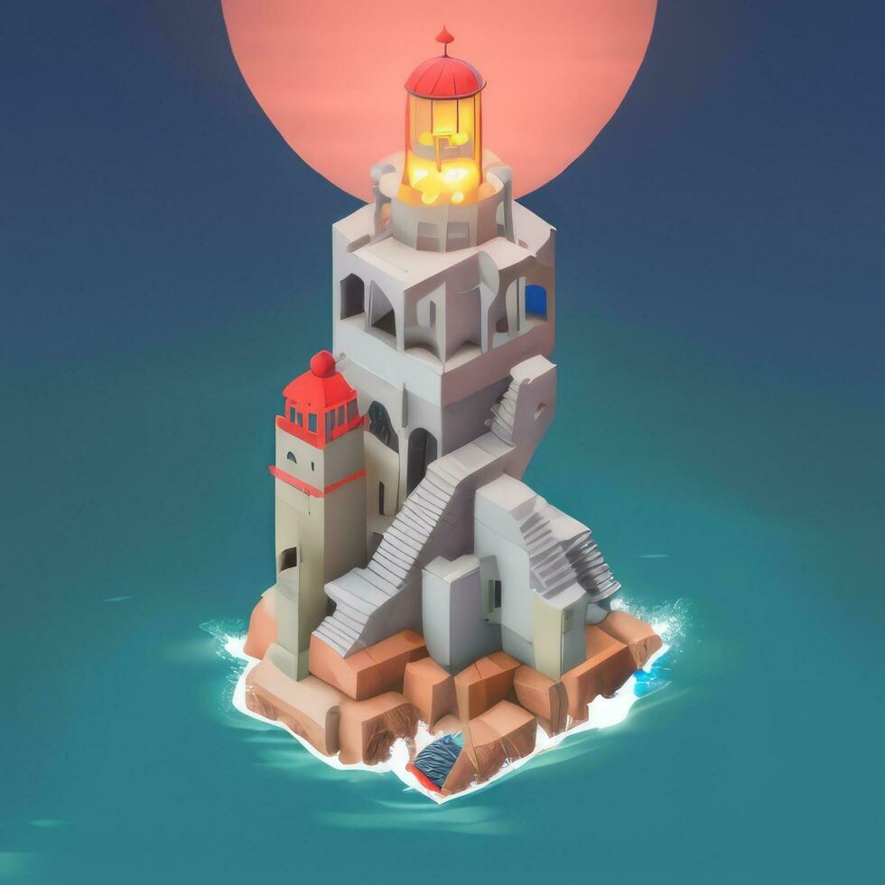 AI generated Isometric 3D Lighthouse Building in the Middle of Ocean Icon Clip Art Sticker Decoration Simple Background photo