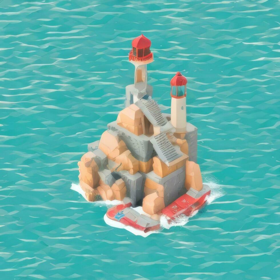 AI generated Isometric 3D Lighthouse Building in the Middle of Ocean Icon Clip Art Sticker Decoration Simple Background photo