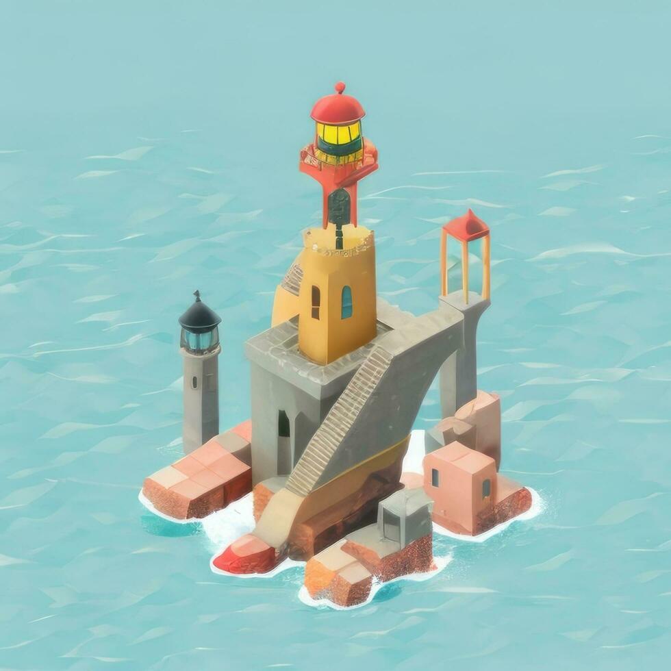 AI generated Isometric 3D Lighthouse Building in the Middle of Ocean Icon Clip Art Sticker Decoration Simple Background photo