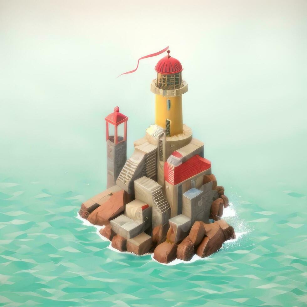 AI generated Isometric 3D Lighthouse Building in the Middle of Ocean Icon Clip Art Sticker Decoration Simple Background photo