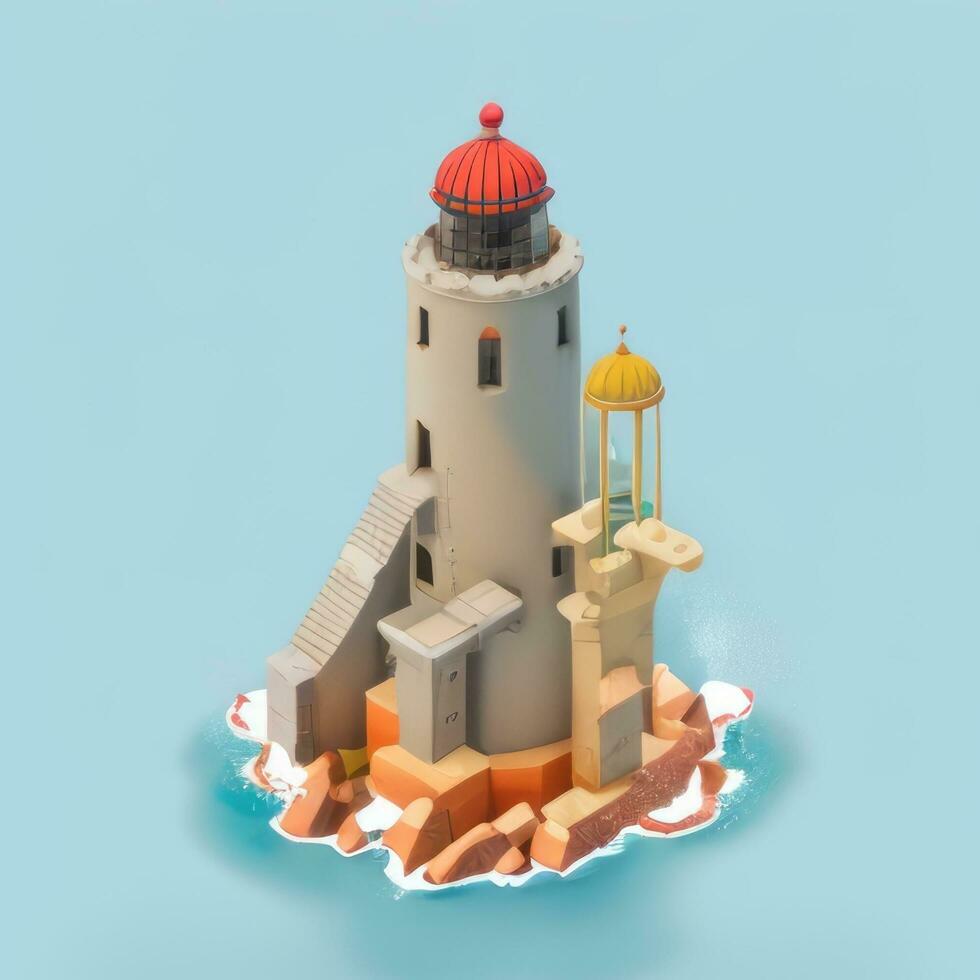 AI generated Isometric 3D Lighthouse Building in the Middle of Ocean Icon Clip Art Sticker Decoration Simple Background photo