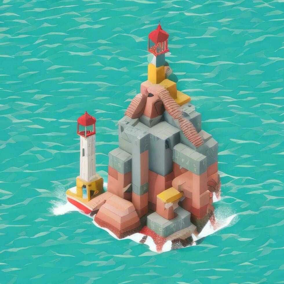 AI generated Isometric 3D Lighthouse Building in the Middle of Ocean Icon Clip Art Sticker Decoration Simple Background photo