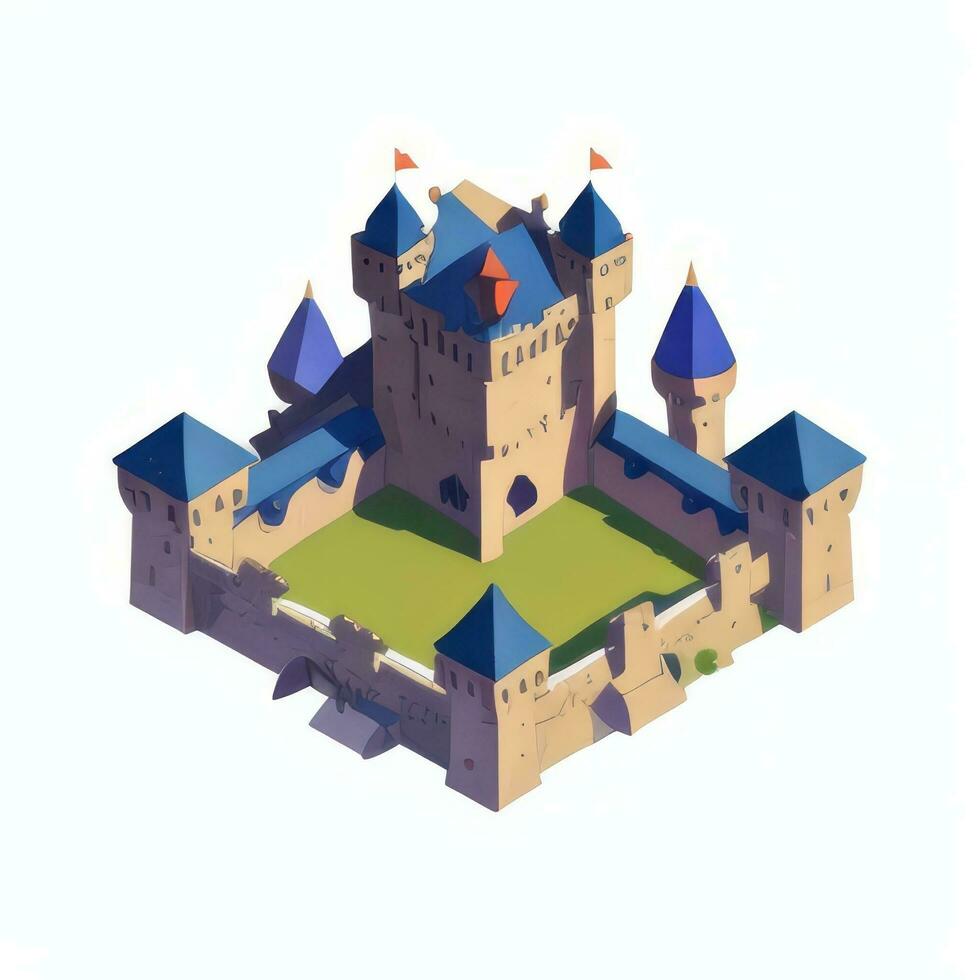 AI generated Isometric 3D Medieval Castle Building Icon Clip Art Sticker Decoration Simple Background photo