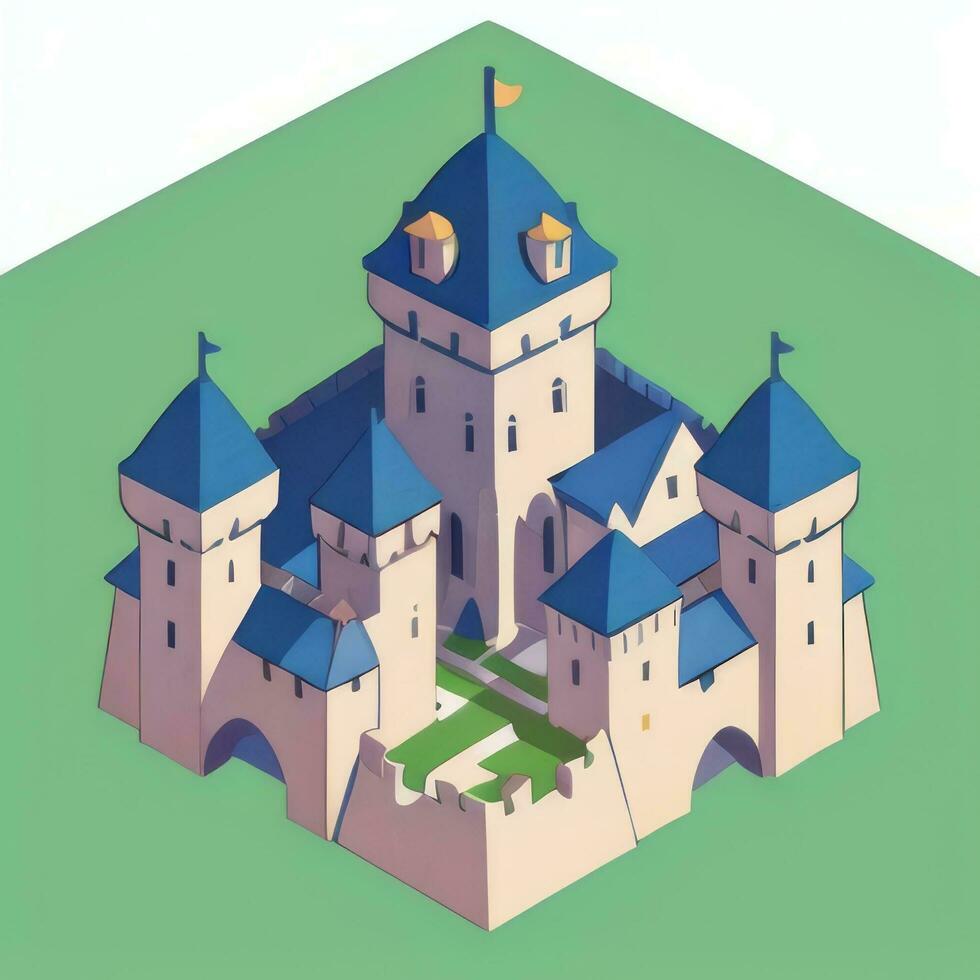 AI generated Isometric 3D Medieval Castle Building Icon Clip Art Sticker Decoration Simple Background photo