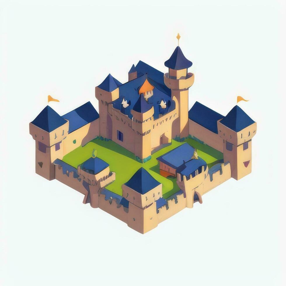 AI generated Isometric 3D Medieval Castle Building Icon Clip Art Sticker Decoration Simple Background photo
