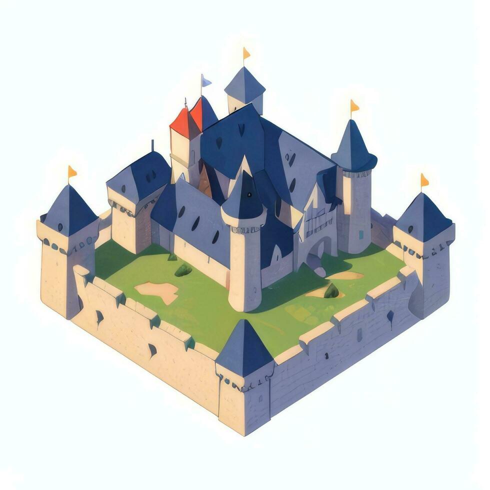 AI generated Isometric 3D Medieval Castle Building Icon Clip Art Sticker Decoration Simple Background photo