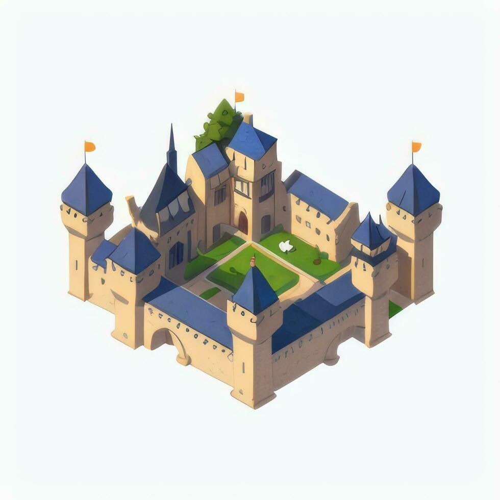 AI generated Isometric 3D Medieval Castle Building Icon Clip Art Sticker Decoration Simple Background photo