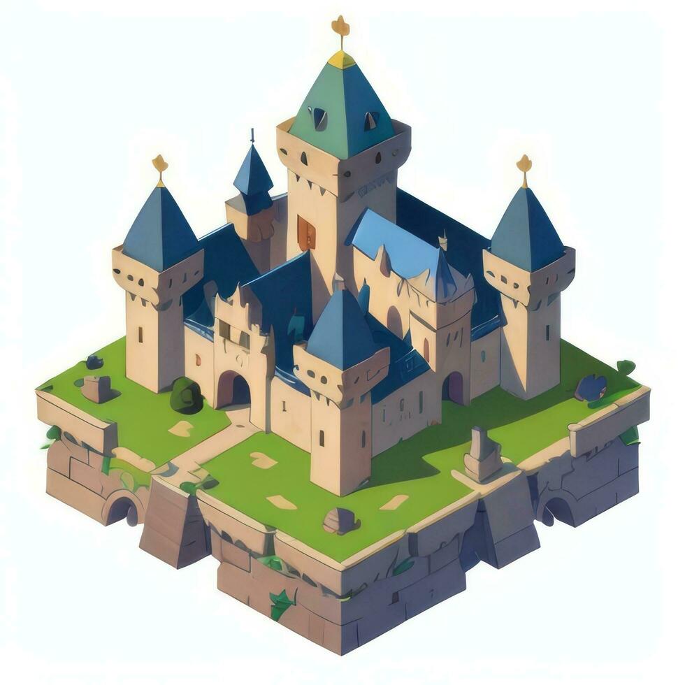 AI generated Isometric 3D Medieval Castle Building Icon Clip Art Sticker Decoration Simple Background photo