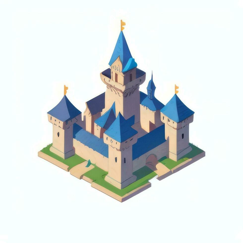 AI generated Isometric 3D Medieval Castle Building Icon Clip Art Sticker Decoration Simple Background photo