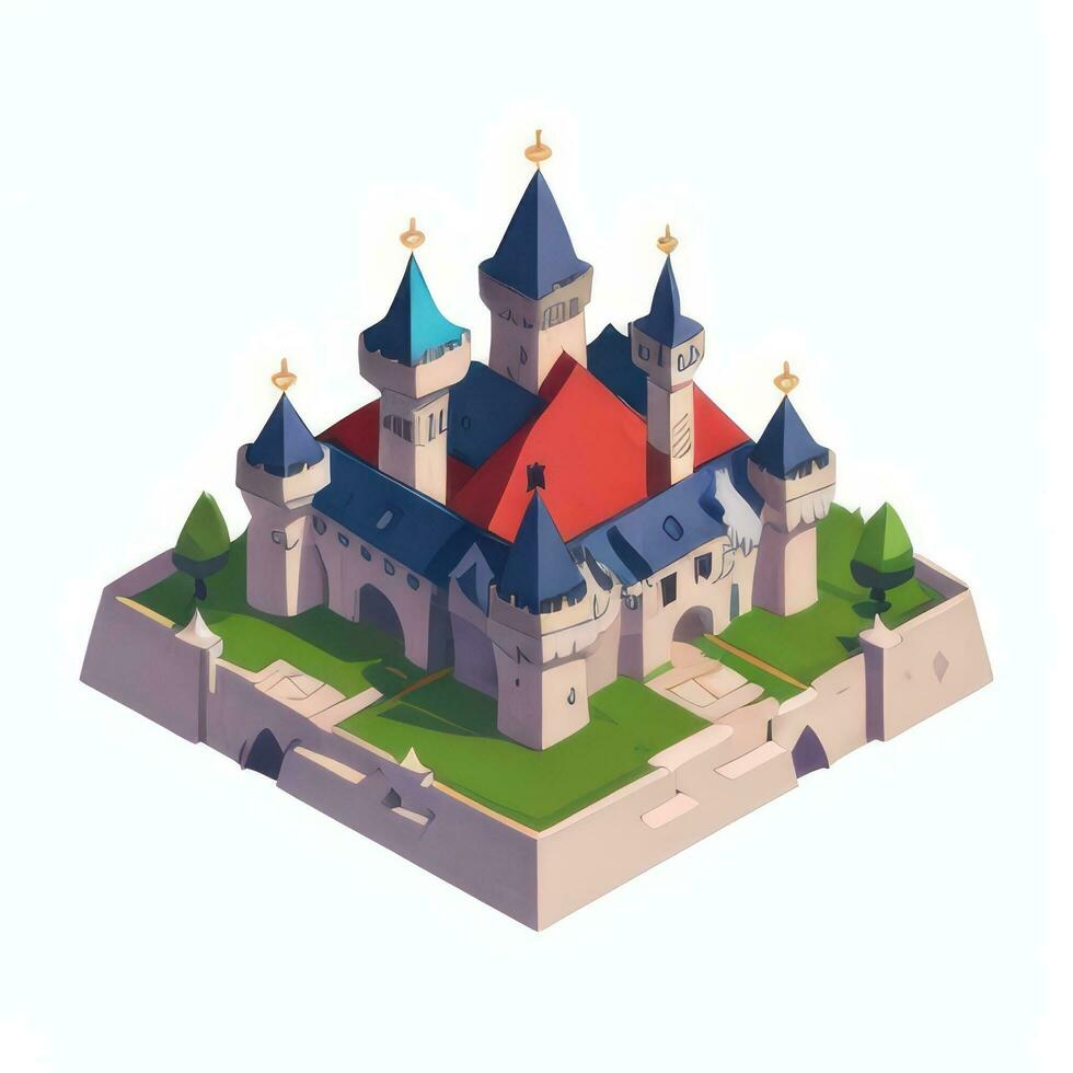 AI generated Isometric 3D Medieval Castle Building Icon Clip Art Sticker Decoration Simple Background photo