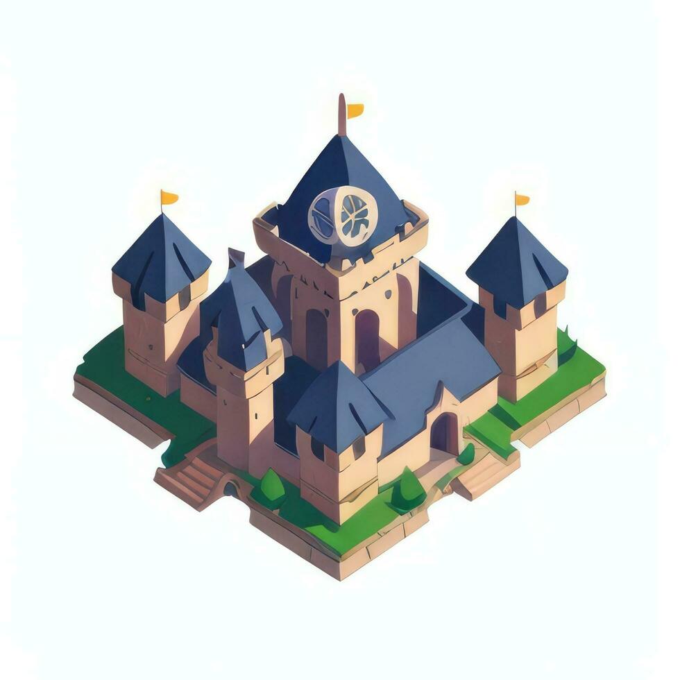 AI generated Isometric 3D Medieval Castle Building Icon Clip Art Sticker Decoration Simple Background photo