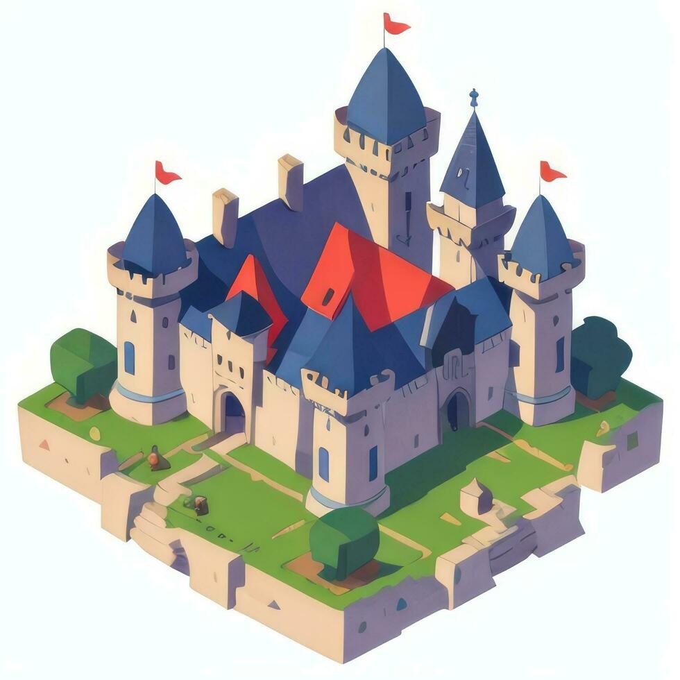 AI generated Isometric 3D Medieval Castle Building Icon Clip Art Sticker Decoration Simple Background photo