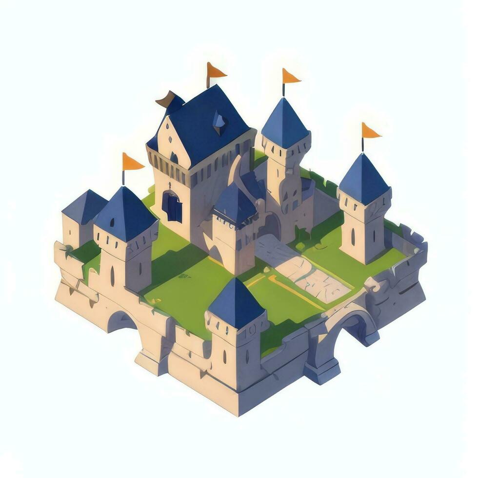 AI generated Isometric 3D Medieval Castle Building Icon Clip Art Sticker Decoration Simple Background photo
