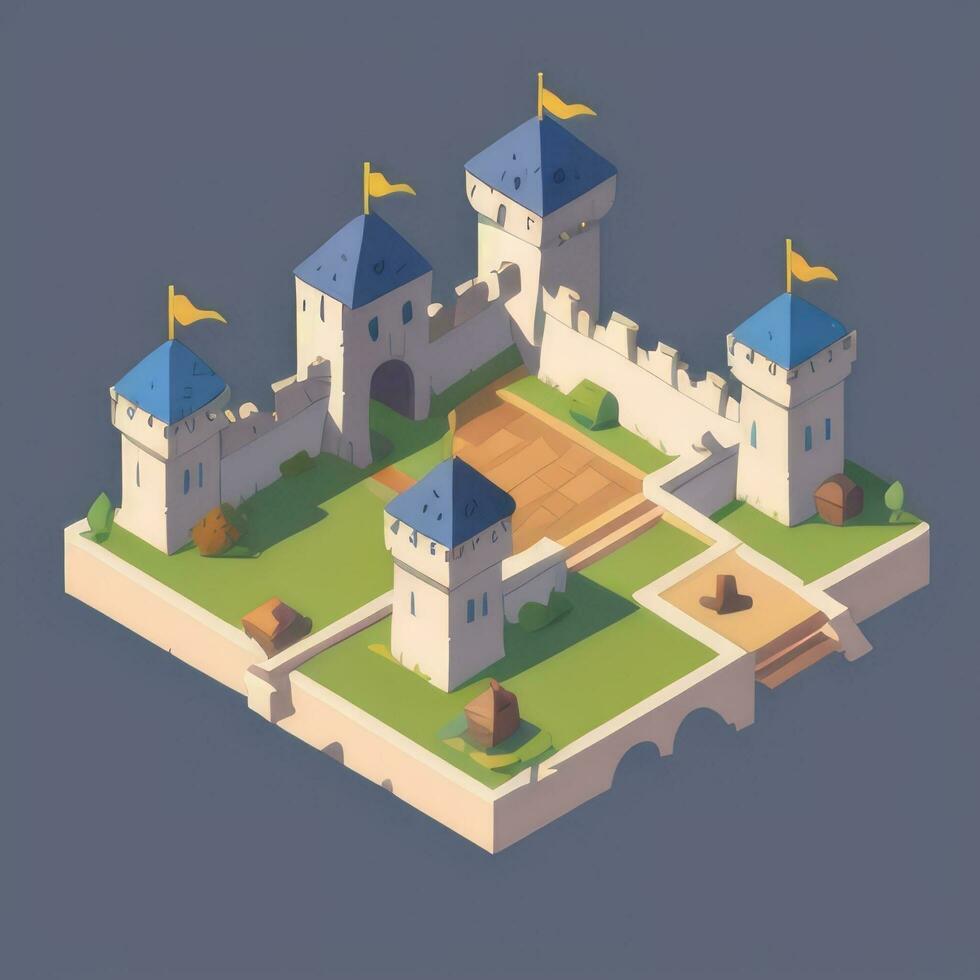 AI generated Isometric 3D Medieval Castle Building Icon Clip Art Sticker Decoration Simple Background photo