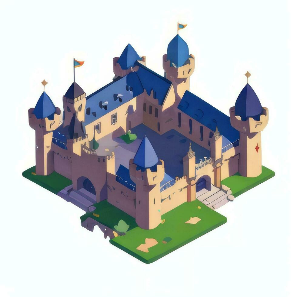 AI generated Isometric 3D Medieval Castle Building Icon Clip Art Sticker Decoration Simple Background photo