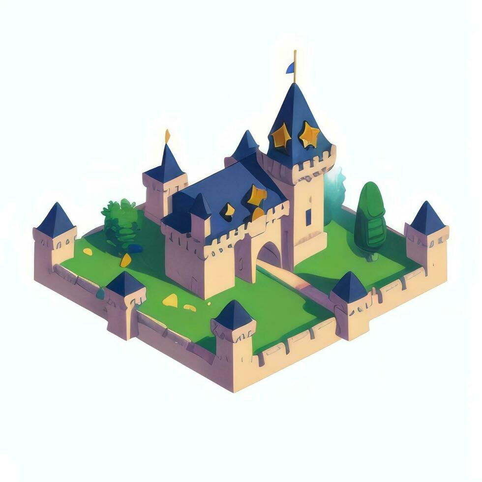 AI generated Isometric 3D Medieval Castle Building Icon Clip Art Sticker Decoration Simple Background photo