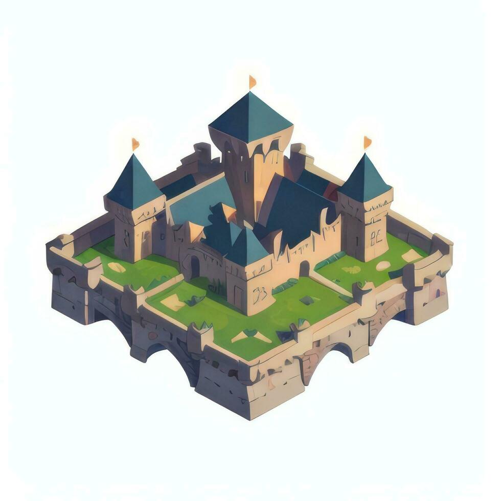 AI generated Isometric 3D Medieval Castle Building Icon Clip Art Sticker Decoration Simple Background photo