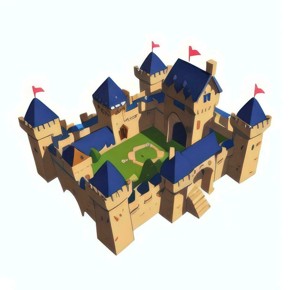 AI generated Isometric 3D Medieval Castle Building Icon Clip Art Sticker Decoration Simple Background photo