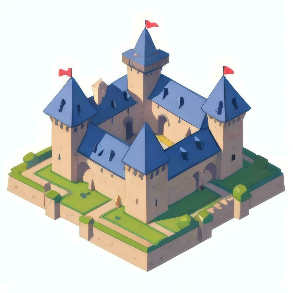 AI generated Isometric 3D Medieval Castle Building Icon Clip Art Sticker Decoration Simple Background photo