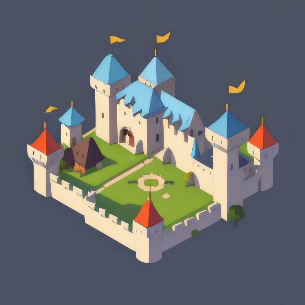 AI generated Isometric 3D Medieval Castle Building Icon Clip Art Sticker Decoration Simple Background photo