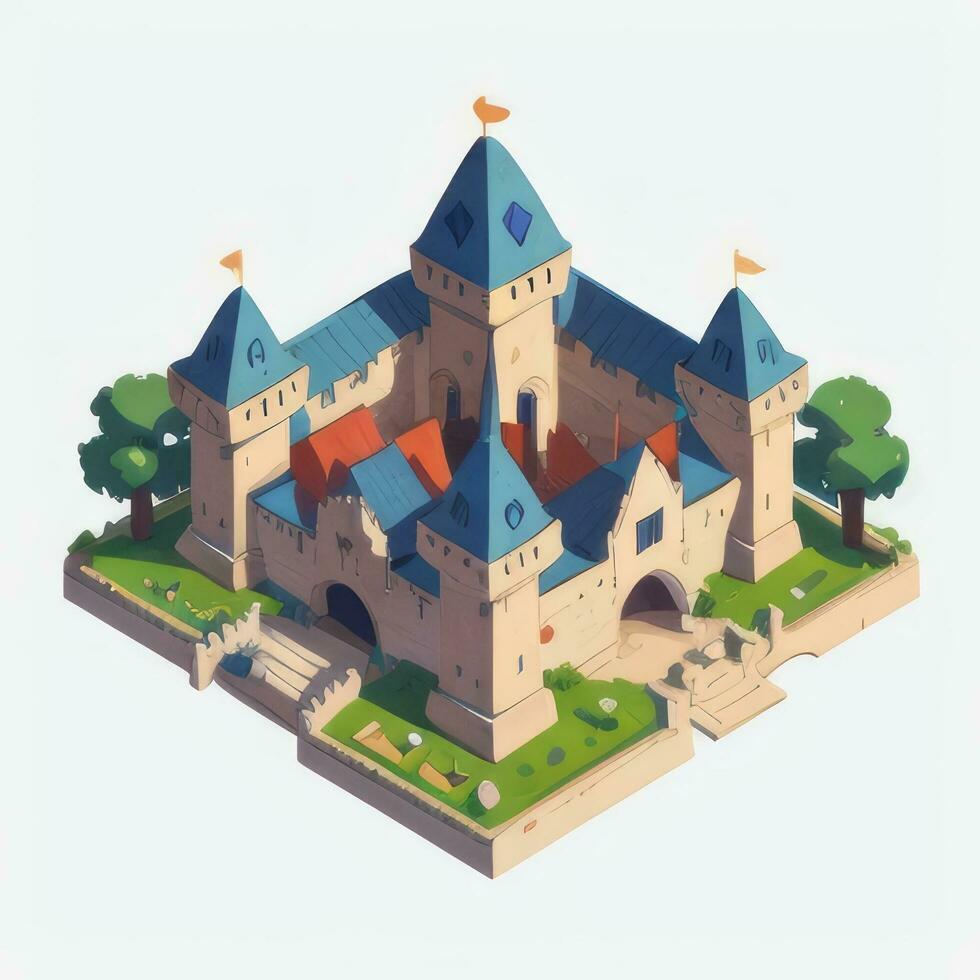 AI generated Isometric 3D Medieval Castle Building Icon Clip Art Sticker Decoration Simple Background photo