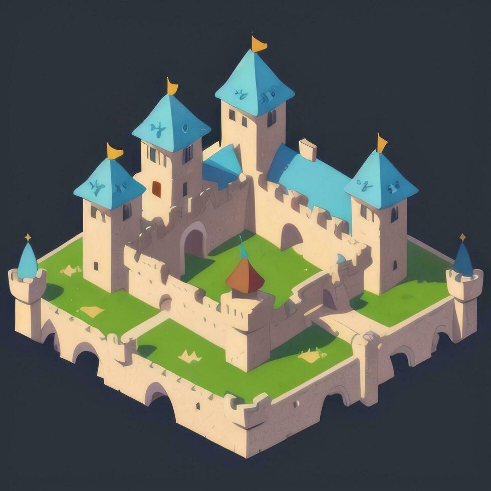 AI generated Isometric 3D Medieval Castle Building Icon Clip Art Sticker Decoration Simple Background photo