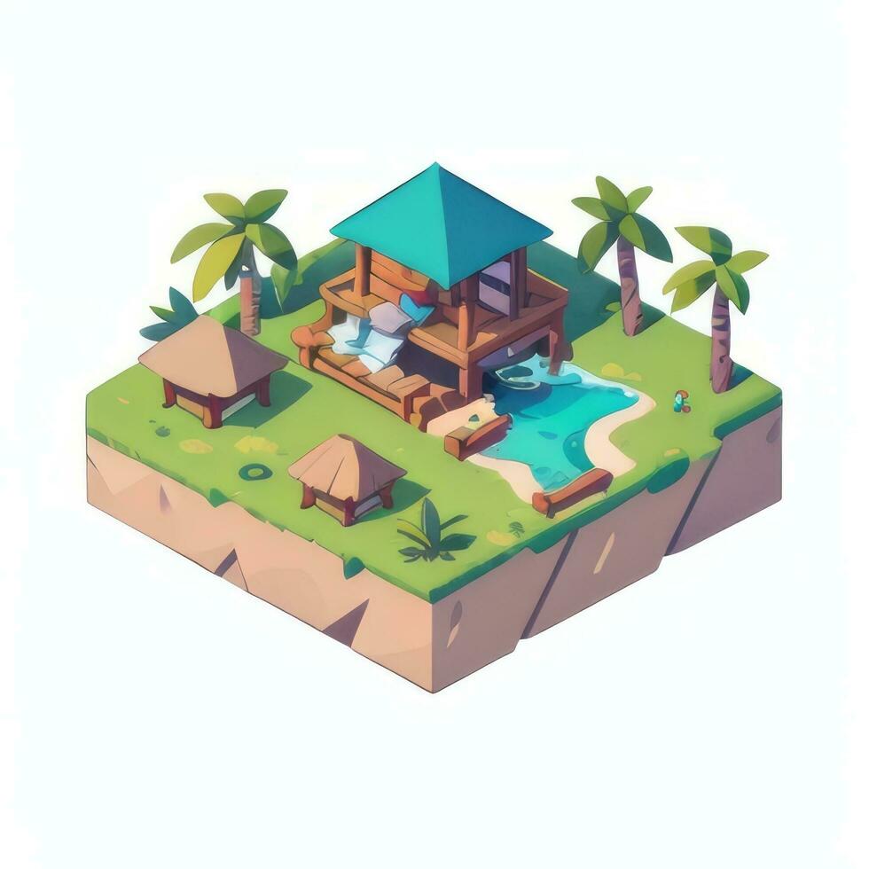 AI generated Isometric 3D Tropical Island Building Icon Clip Art Sticker Decoration Simple Background photo