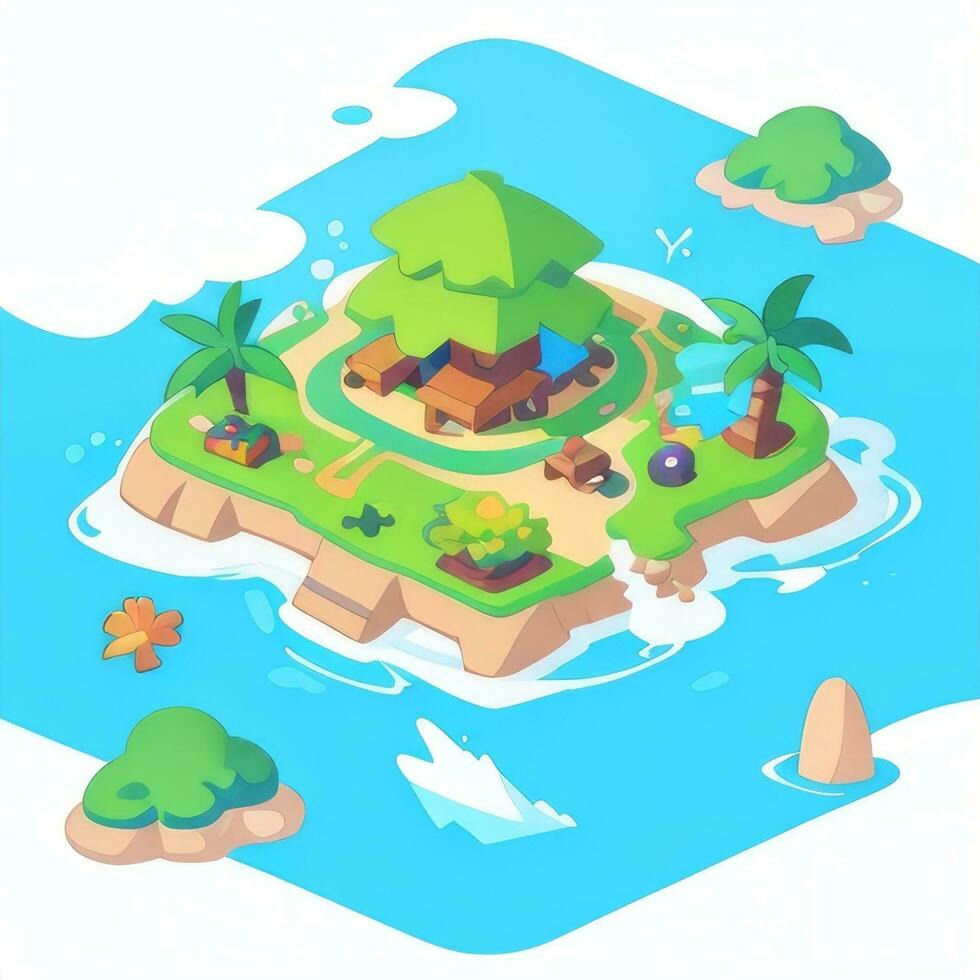 AI generated Isometric 3D Tropical Island Building Icon Clip Art Sticker Decoration Simple Background photo