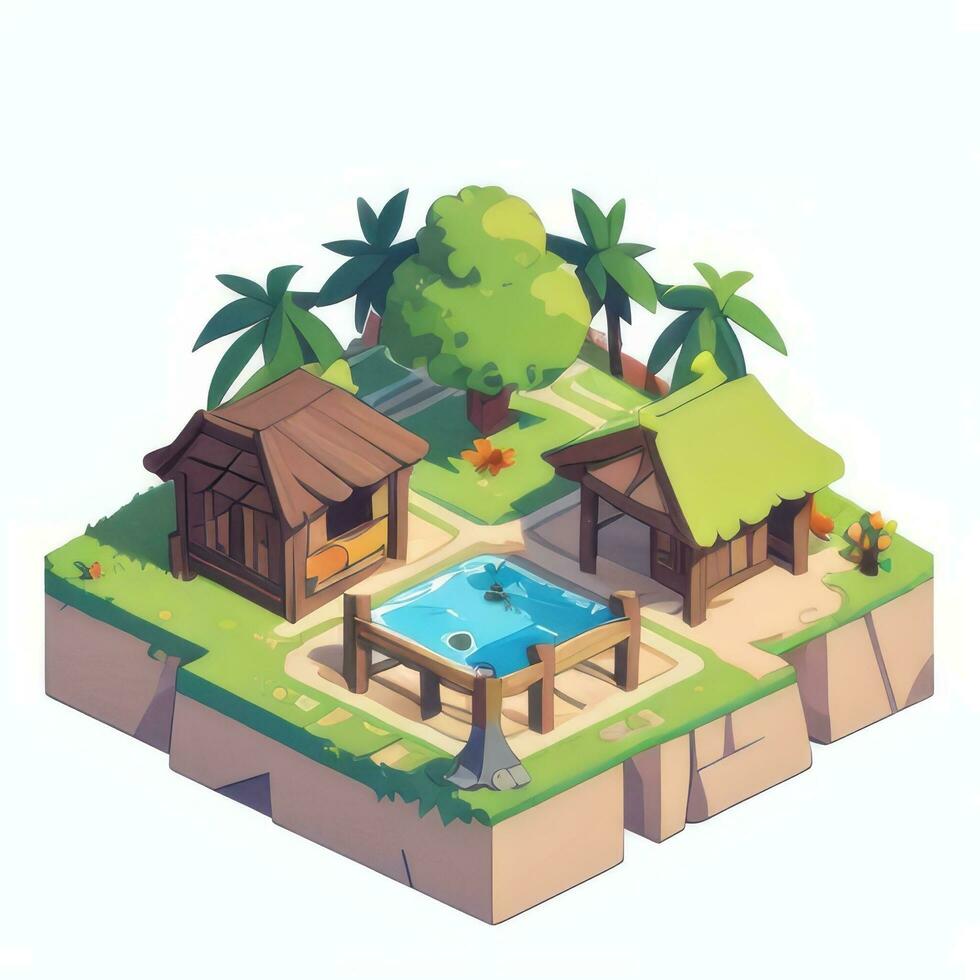 AI generated Isometric 3D Tropical Island Building Icon Clip Art Sticker Decoration Simple Background photo