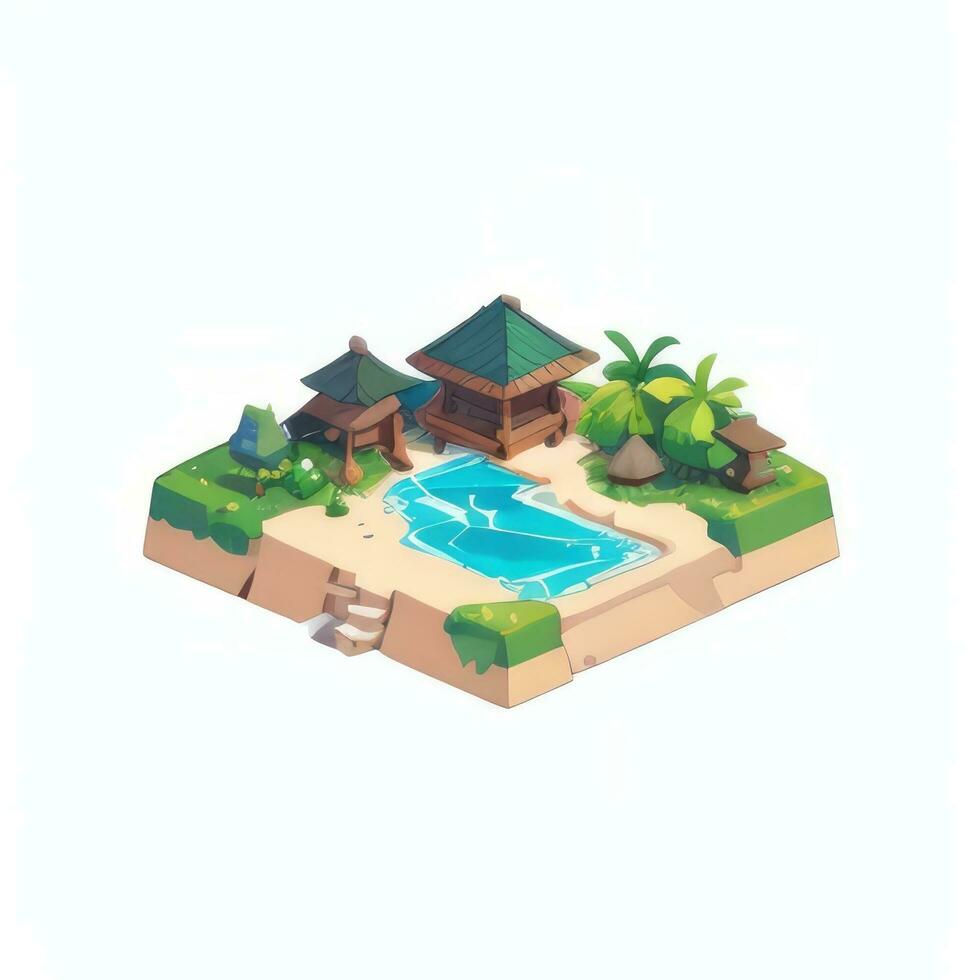 AI generated Isometric 3D Tropical Island Building Icon Clip Art Sticker Decoration Simple Background photo
