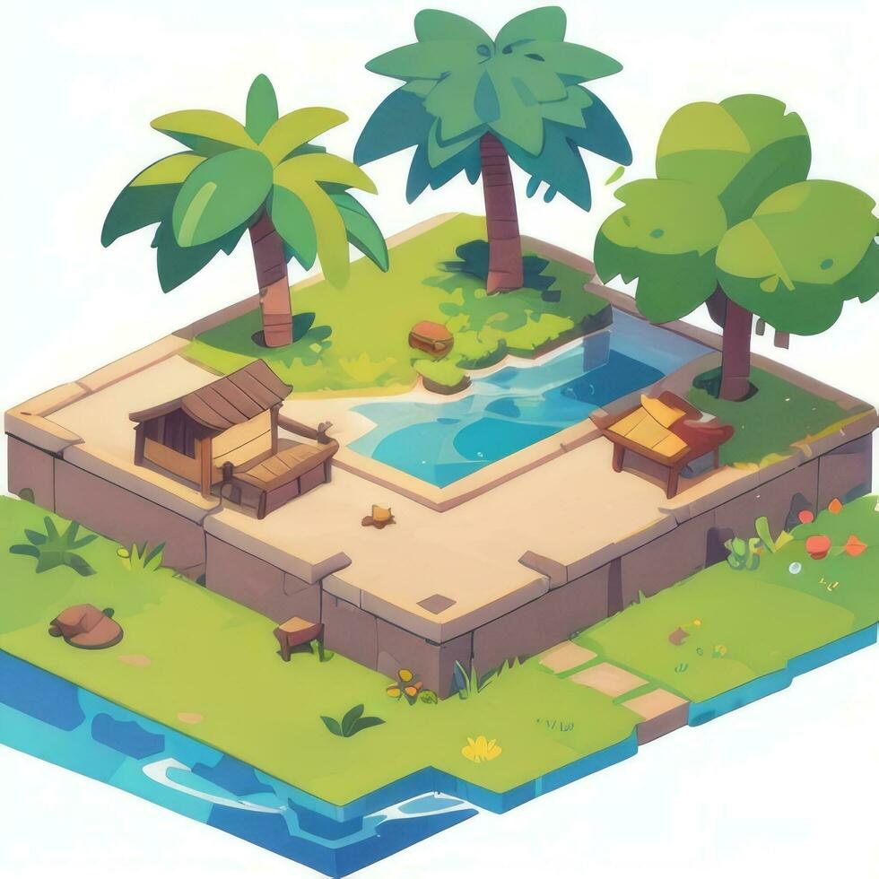 AI generated Isometric 3D Tropical Island Building Icon Clip Art Sticker Decoration Simple Background photo