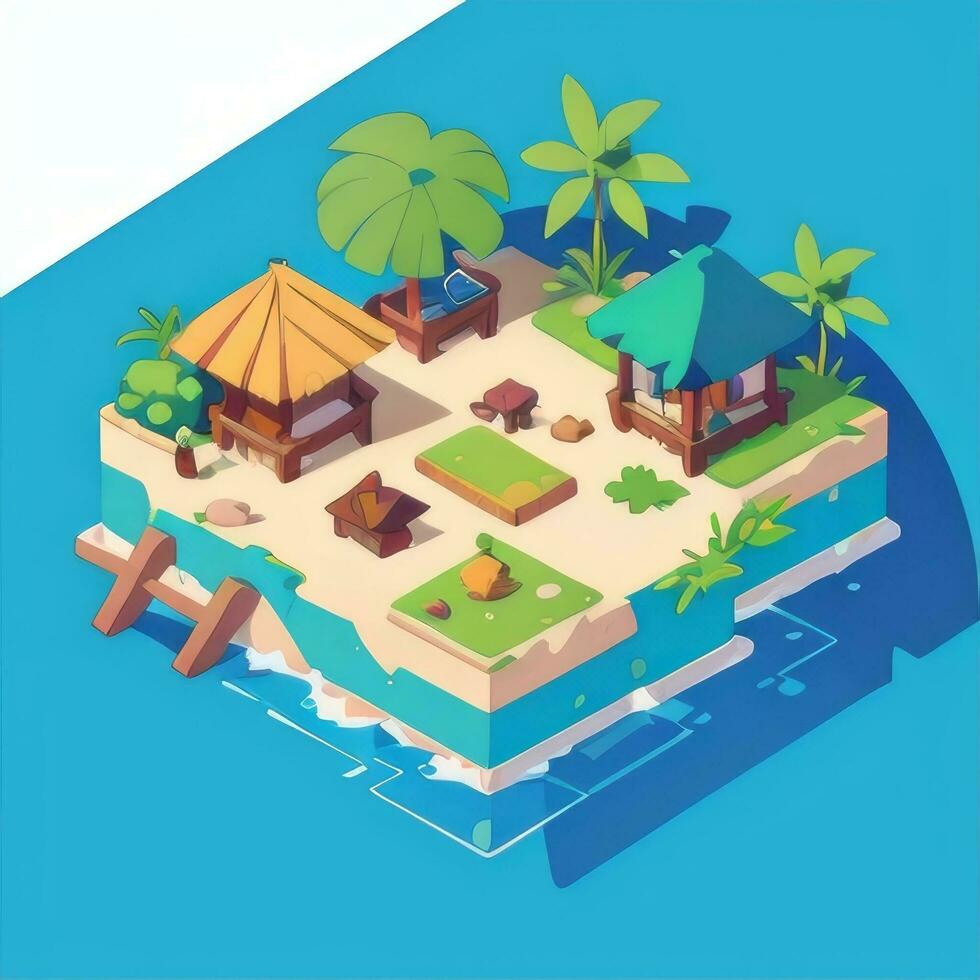 AI generated Isometric 3D Tropical Island Building Icon Clip Art Sticker Decoration Simple Background photo