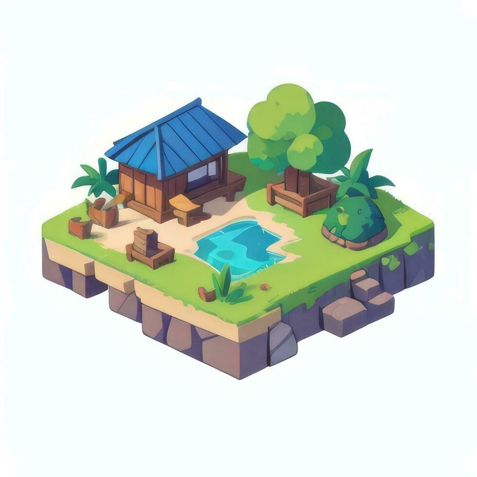 AI generated Isometric 3D Tropical Island Building Icon Clip Art Sticker Decoration Simple Background photo