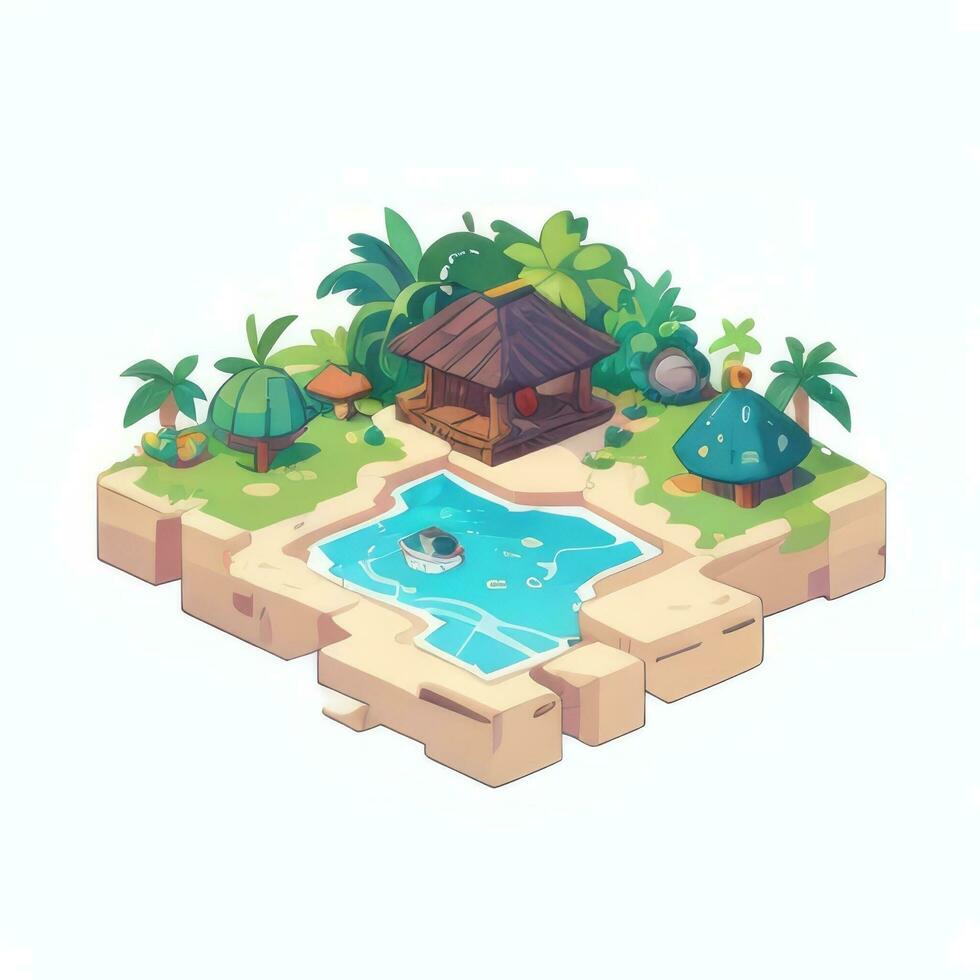 AI generated Isometric 3D Tropical Island Building Icon Clip Art Sticker Decoration Simple Background photo