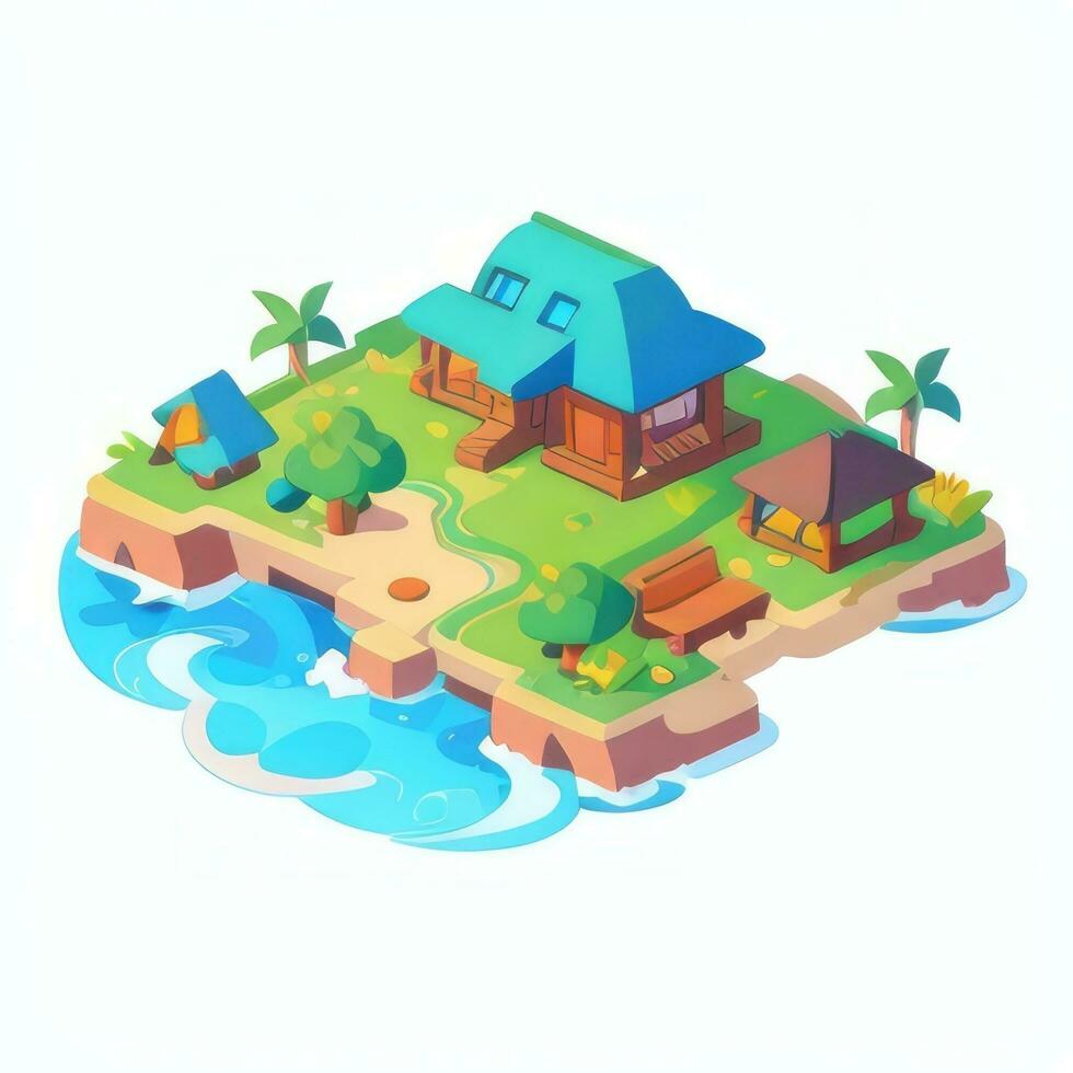 AI generated Isometric 3D Tropical Island Building Icon Clip Art Sticker Decoration Simple Background photo