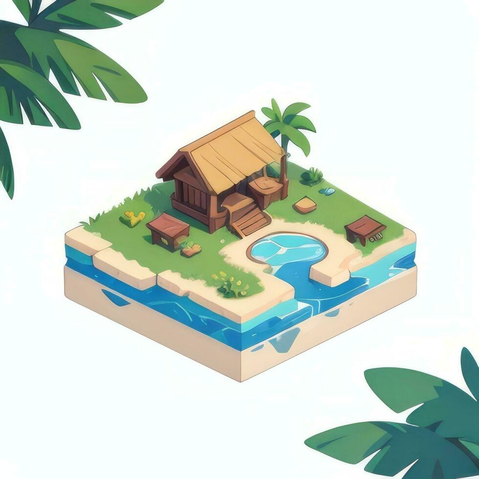 AI generated Isometric 3D Tropical Island Building Icon Clip Art Sticker Decoration Simple Background photo