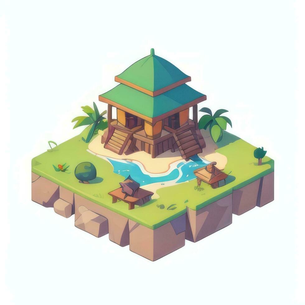 AI generated Isometric 3D Tropical Island Building Icon Clip Art Sticker Decoration Simple Background photo