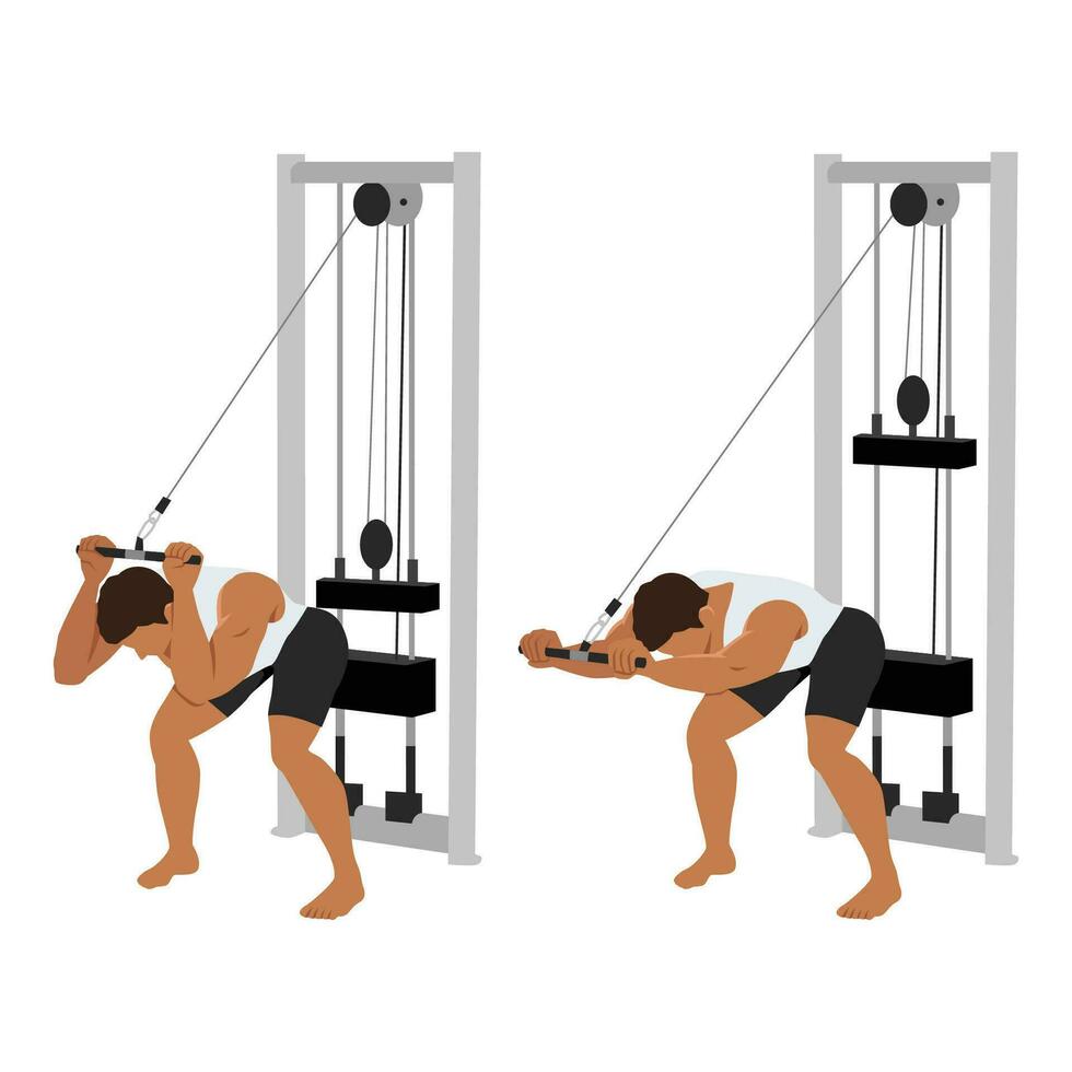 Man doing cable bent over triceps extension exercise. vector