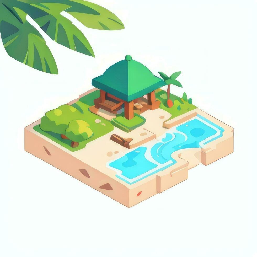 AI generated Isometric 3D Tropical Island Building Icon Clip Art Sticker Decoration Simple Background photo